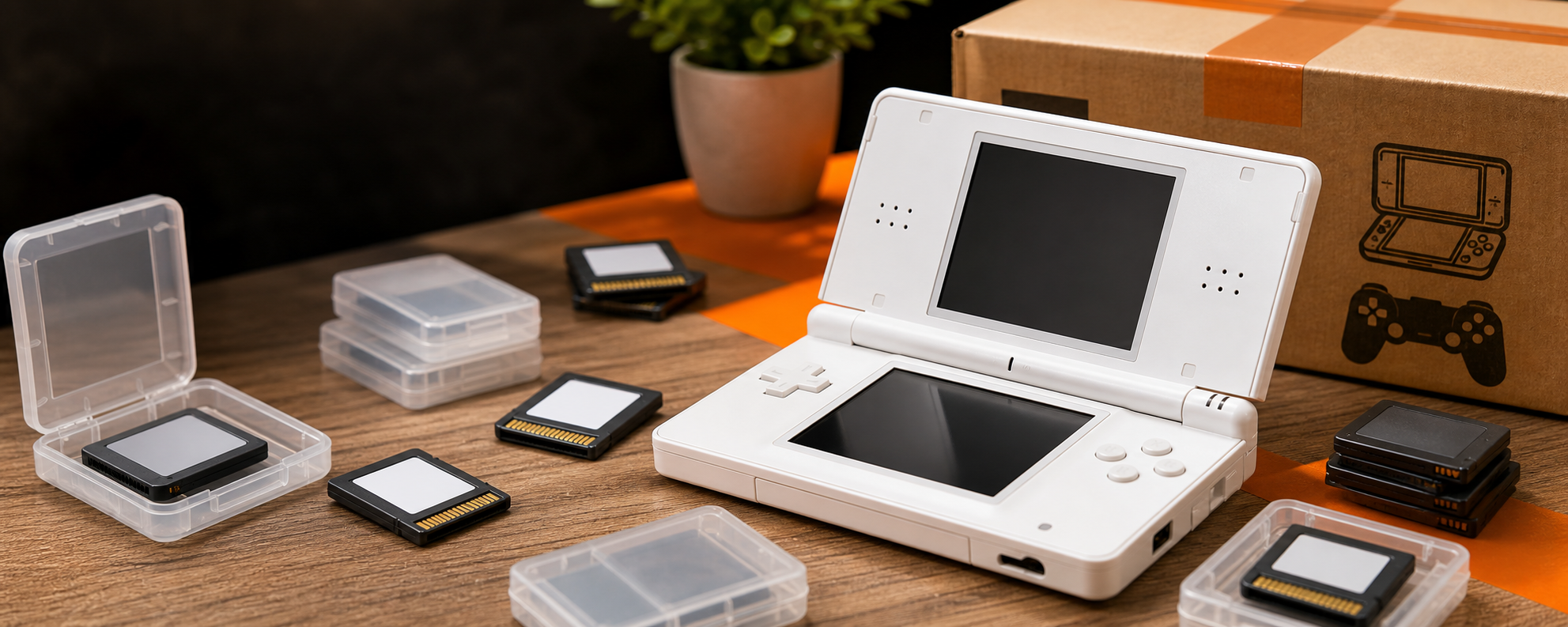NDS-compatible game cards and handheld retro setup